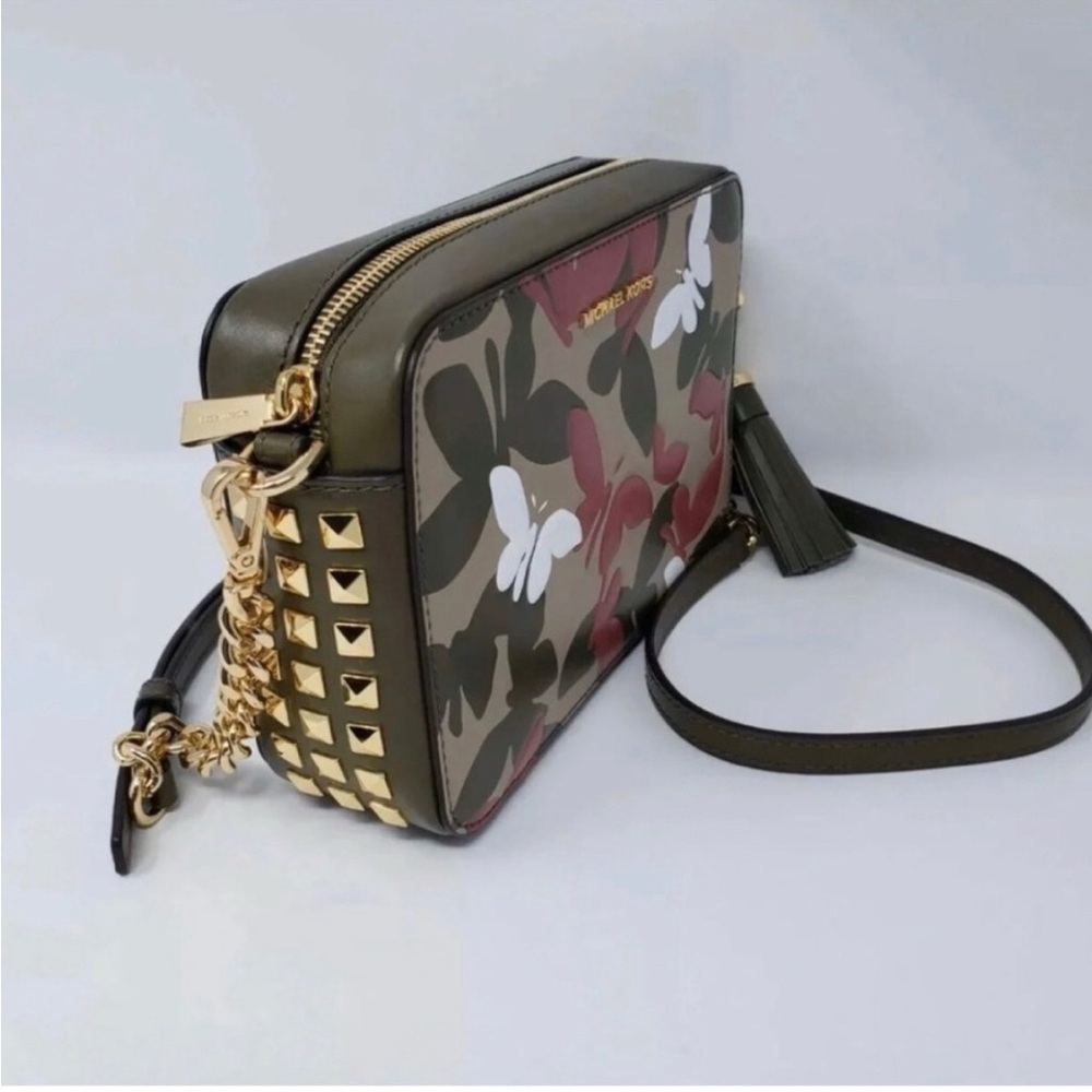 Michael Kors Olive and Burgundy Camouflage Crossbody Bag